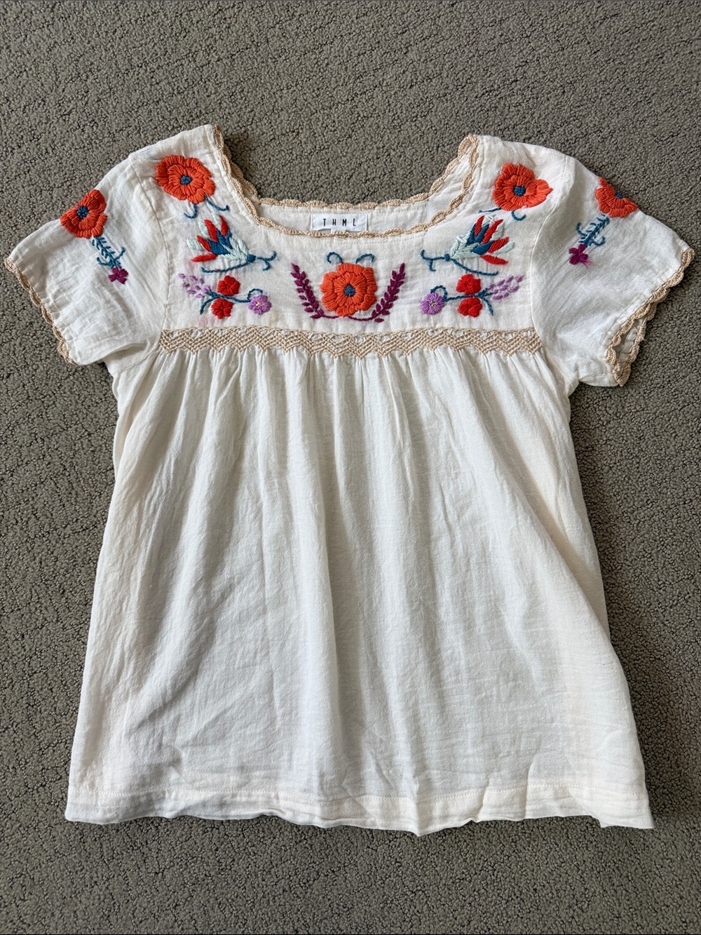 THML White Embroidered Floral Peasant Top